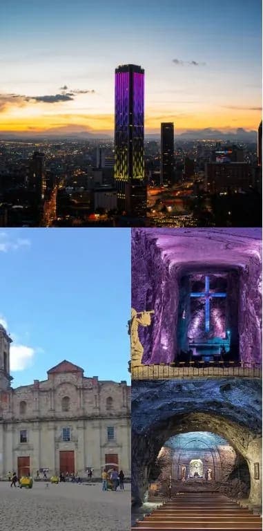 Bogotá al atardecer, la fachada de una iglesia colonial y la cruz iluminada de la Catedral de Sal