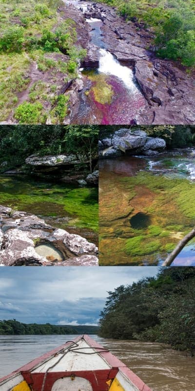 Collage: cascada sobre plantas rojas y verdes del río, pozos cristalinos entre rocas y una lancha en un río café