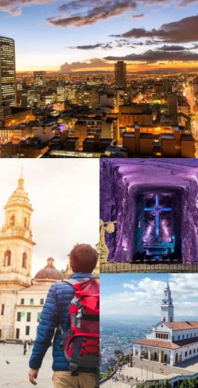 Collage de Bogotá al atardecer, la cruz iluminada de la Catedral de Sal, Monserrate y un viajero en una plaza