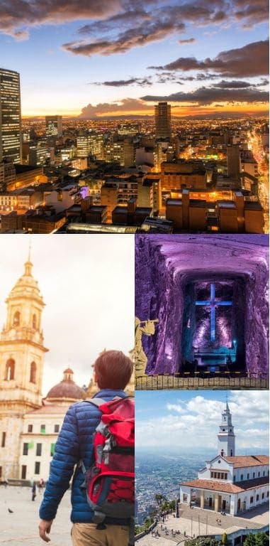 Collage of Bogotá at sunset, the lit cross in the Salt Cathedral, Monserrate sanctuary and a traveller in a plaza